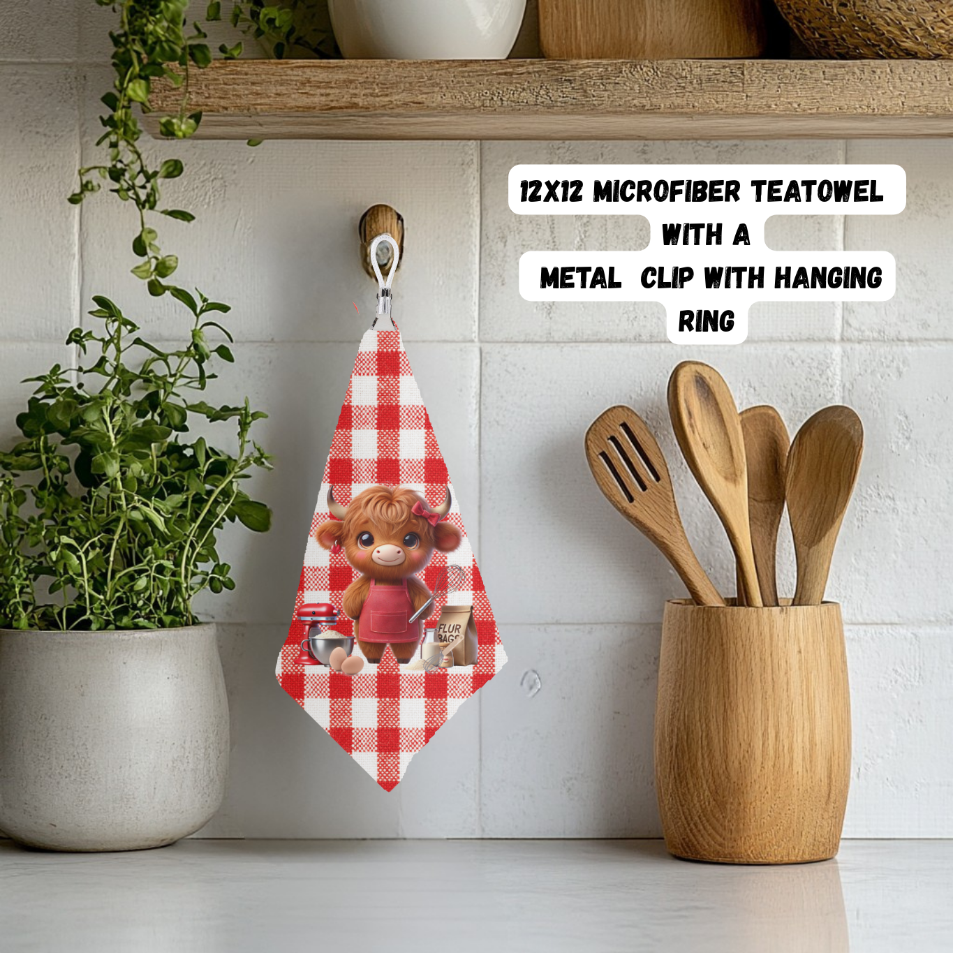 Highland Cow Kitchen Teatowel Collection – 12x12 Microfiber with Hanging Clip