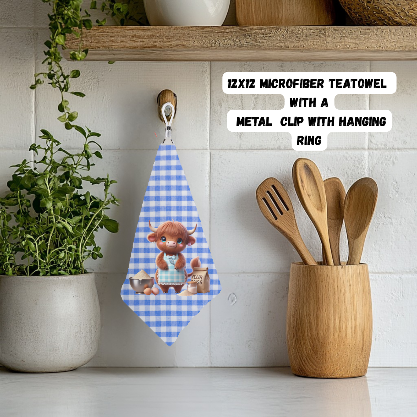 Highland Cow Plaid Teatowel Collection – 12x12 Microfiber with Hanging Clip