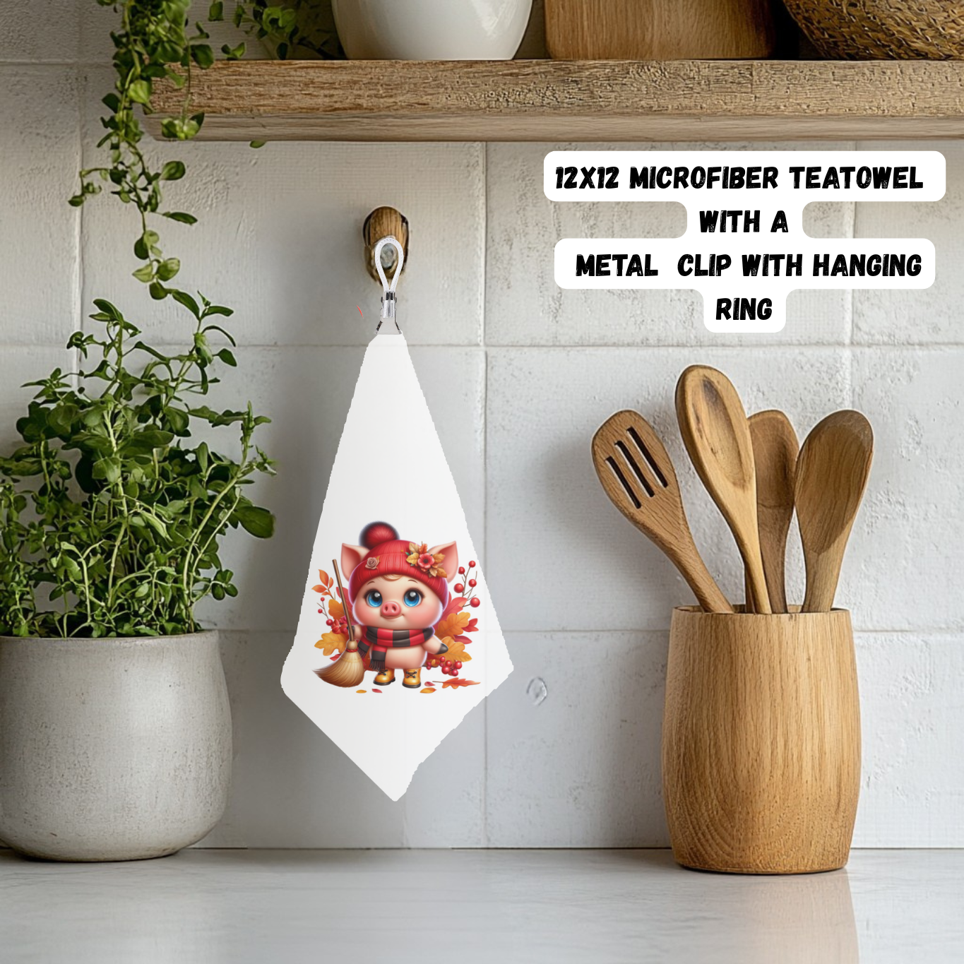 Cozy Piggy Autumn Teatowel Collection β 12x12 with Clip & Ring