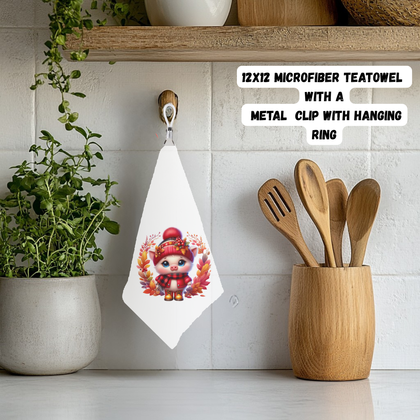 Cozy Piggy Autumn Teatowel Collection β 12x12 with Clip & Ring