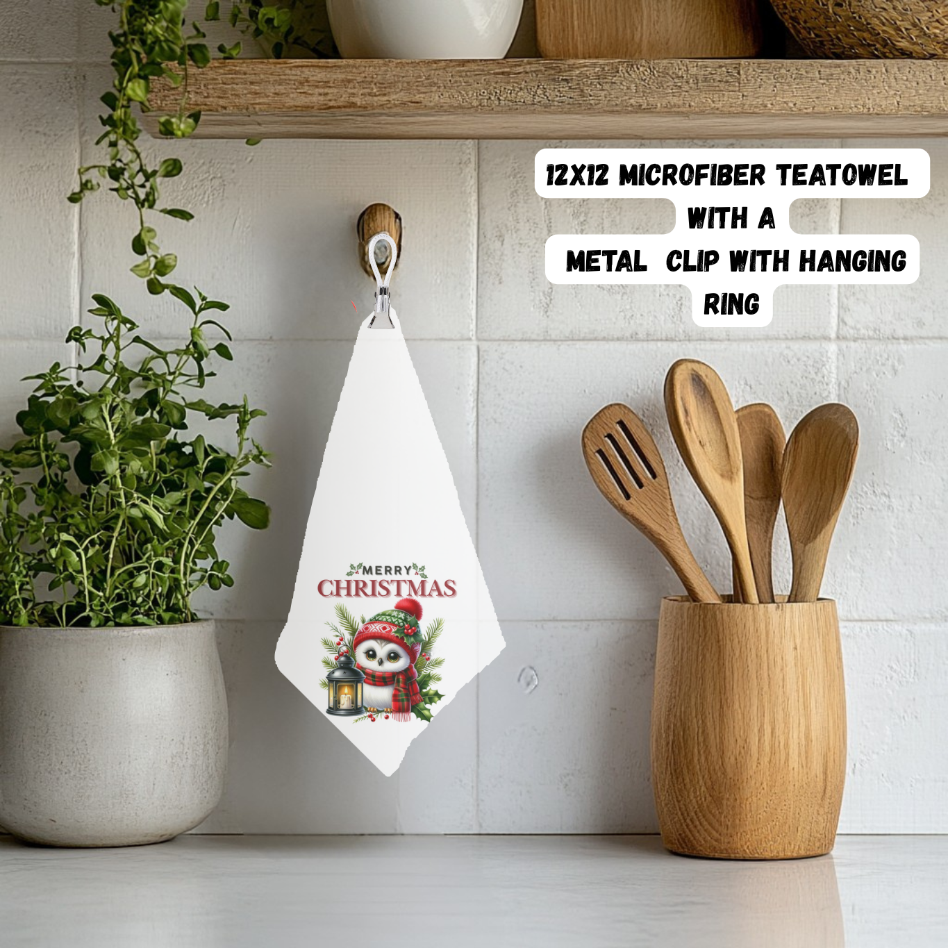 Merry Christmas Owl Clip-On Tea Towel – 12x12 Microfiber Holiday Collection