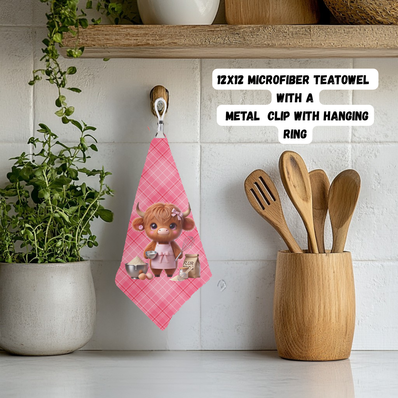 Highland Cow Kitchen Teatowel Collection – 12x12 Microfiber with Hanging Clip