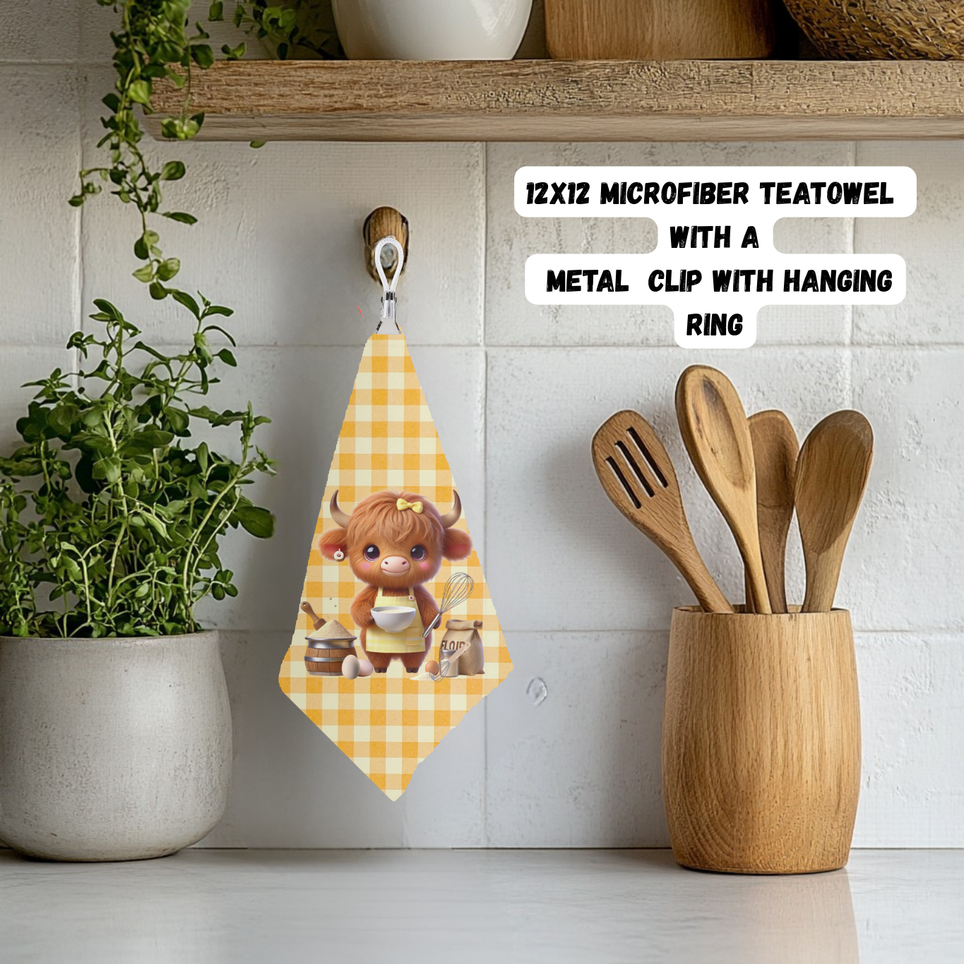 Highland Cow Kitchen Teatowel Collection – 12x12 Microfiber with Hanging Clip