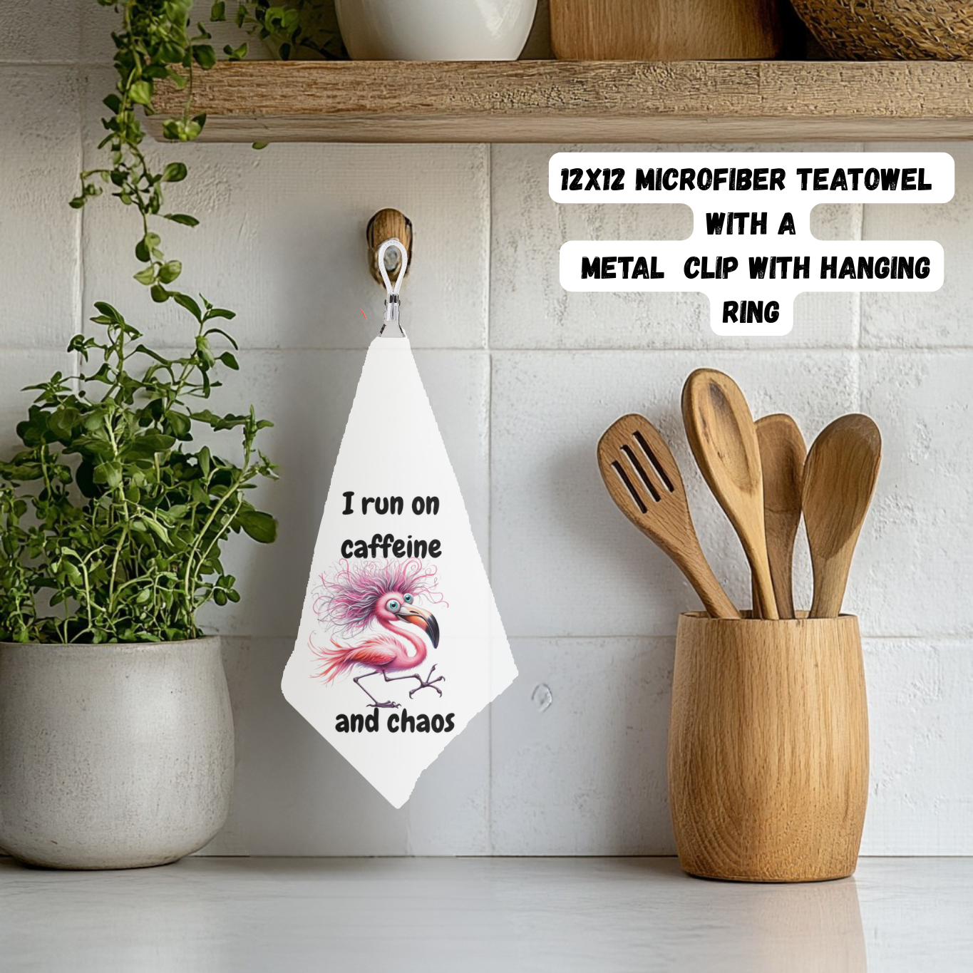 Caffeine & Chaos Flamingo Tea Towel – 12x12 Microfiber with Hanging Clip