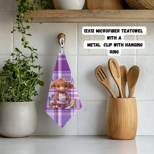 Highland Cow Kitchen Teatowel Collection – 12x12 Microfiber with Hanging Clip