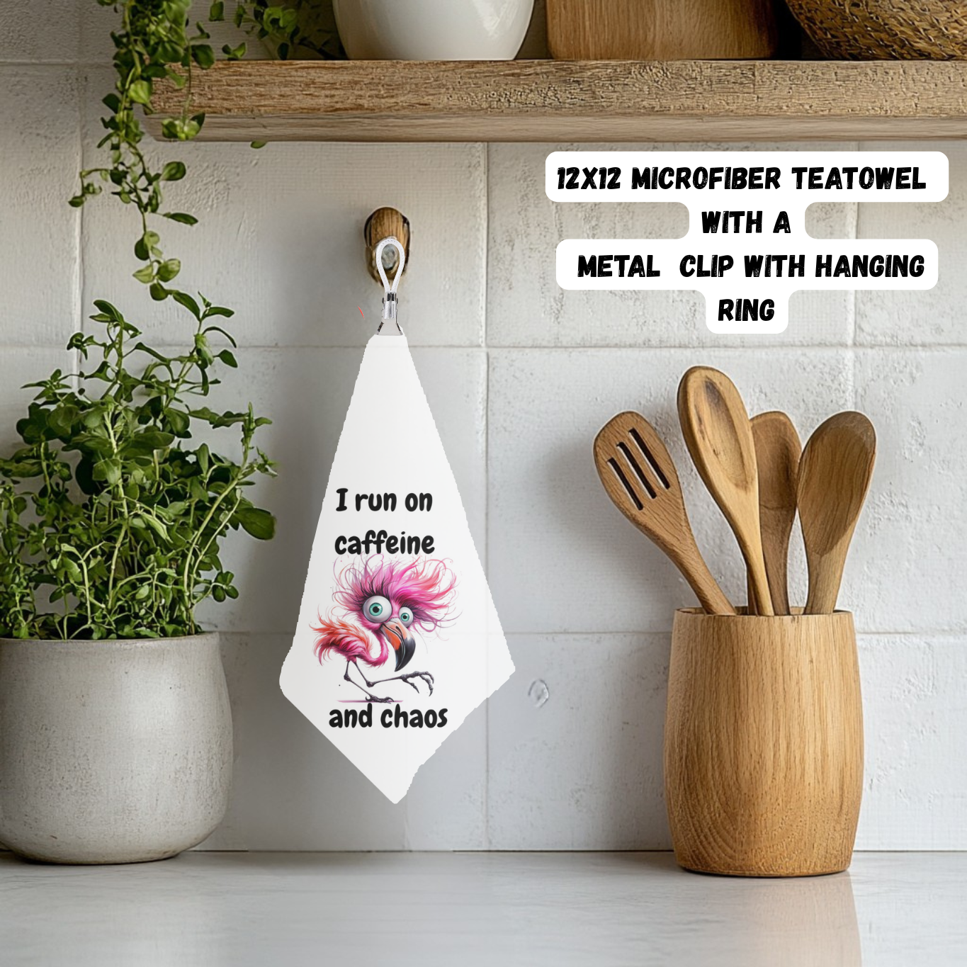 Caffeine & Chaos Flamingo Tea Towel – 12x12 Microfiber with Hanging Clip