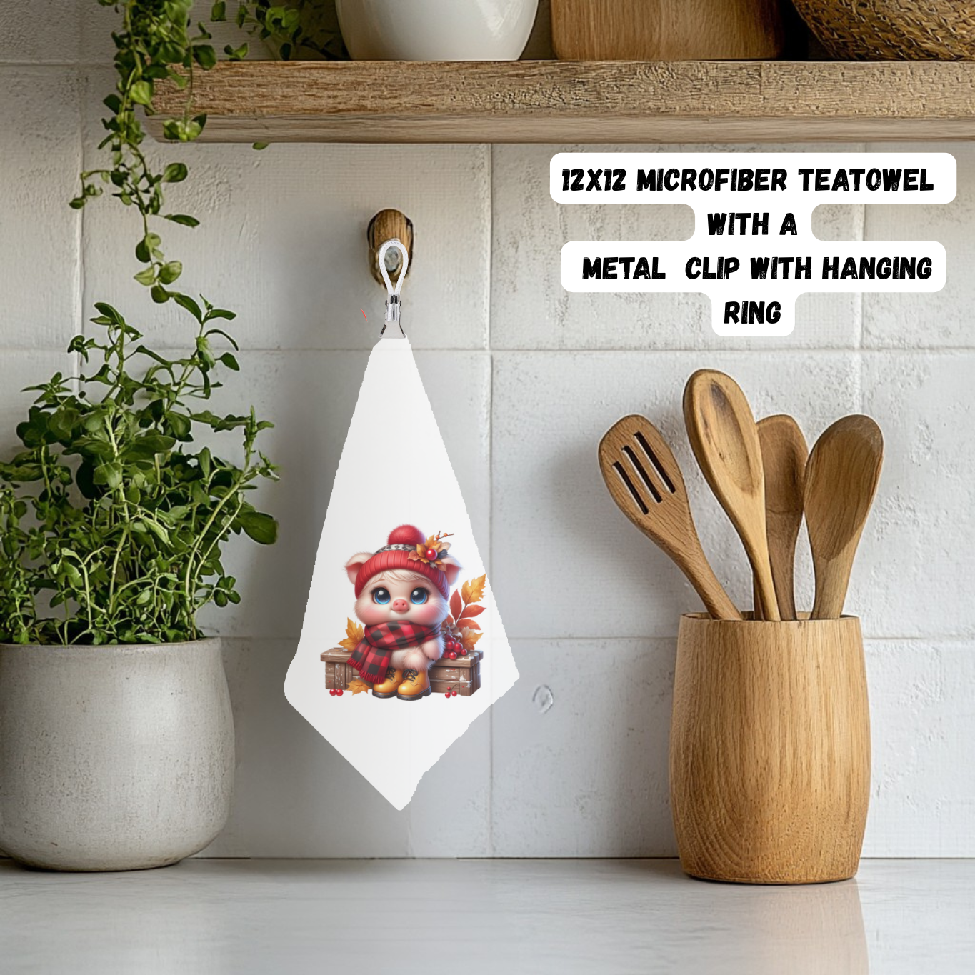Cozy Piggy Autumn Teatowel Collection β 12x12 with Clip & Ring