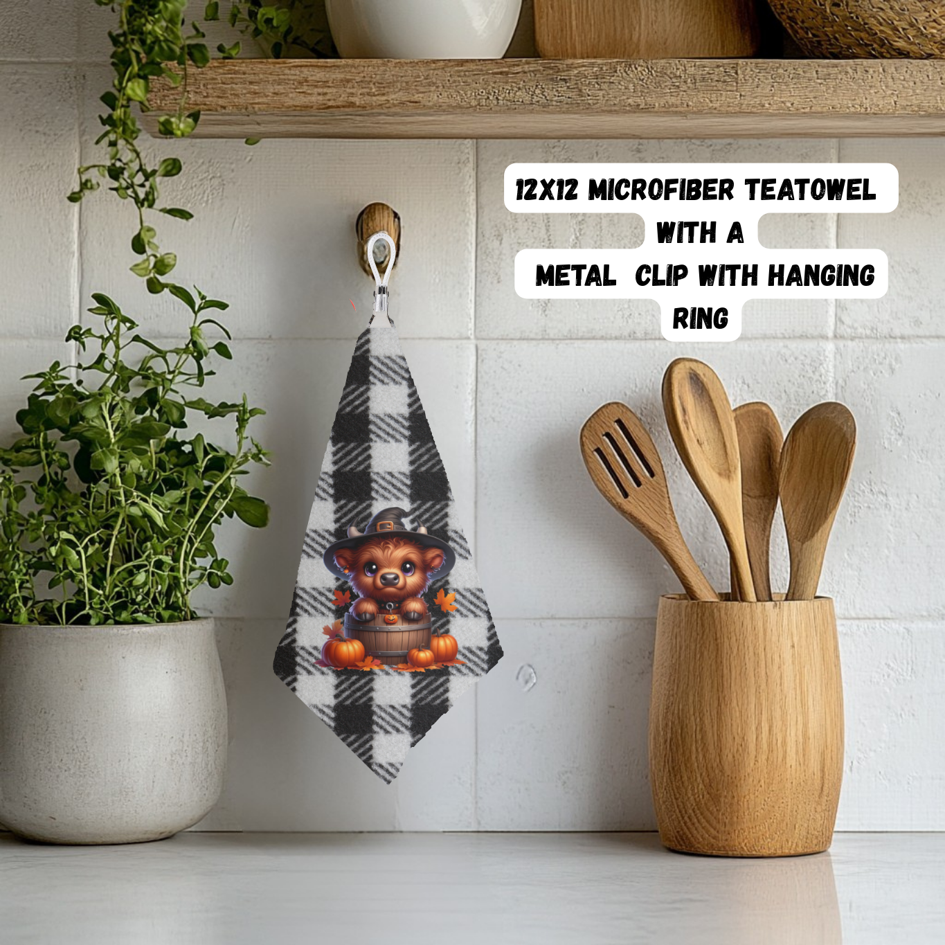 Halloween Highland Cow Microfiber Teatowel Set – 12x12 with Hanging Clip