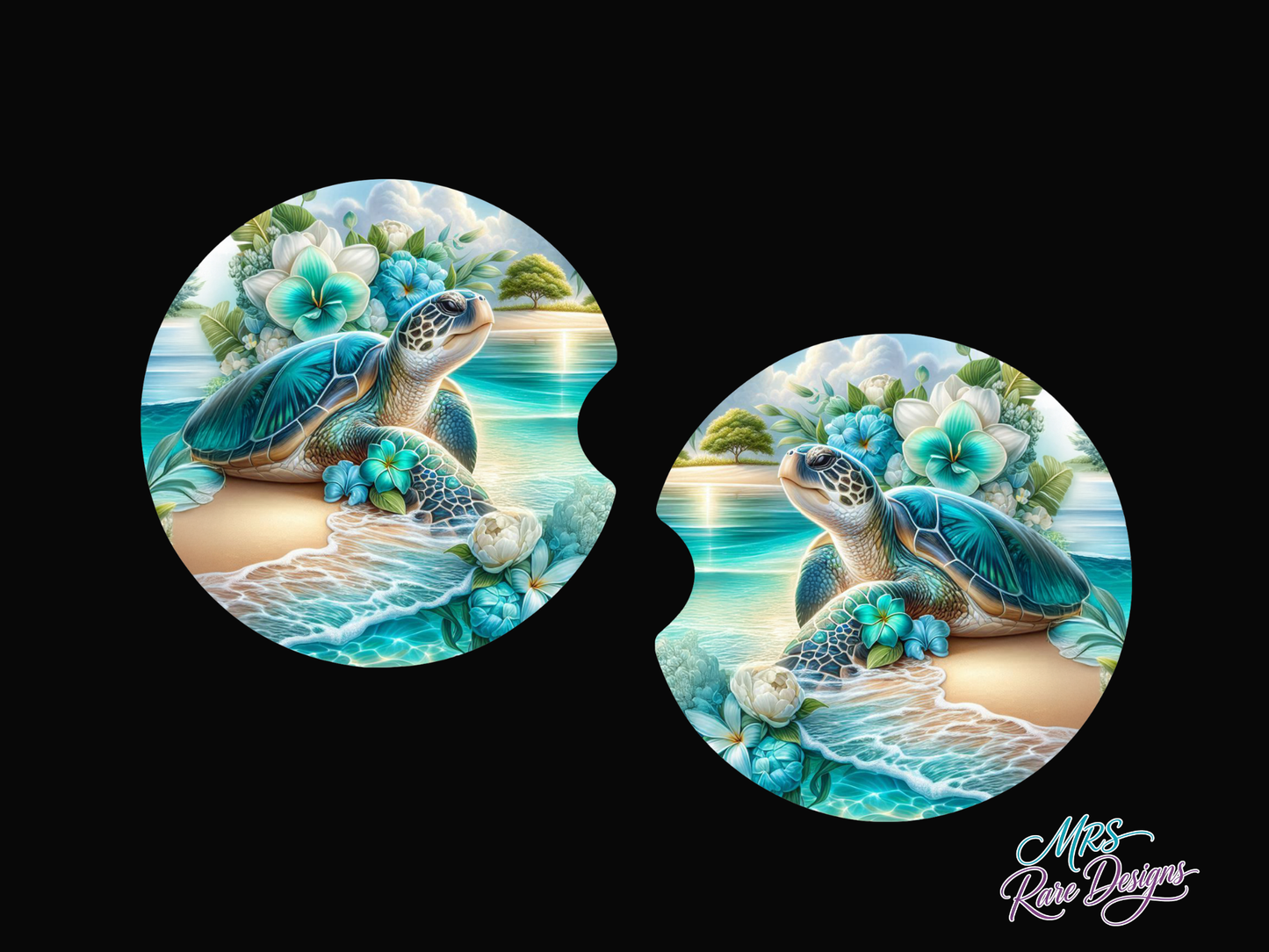 🌊 Aqua Serenity Sea Turtle Car Coaster Set – Ocean Breeze Floral Beach Design (2-Pack)