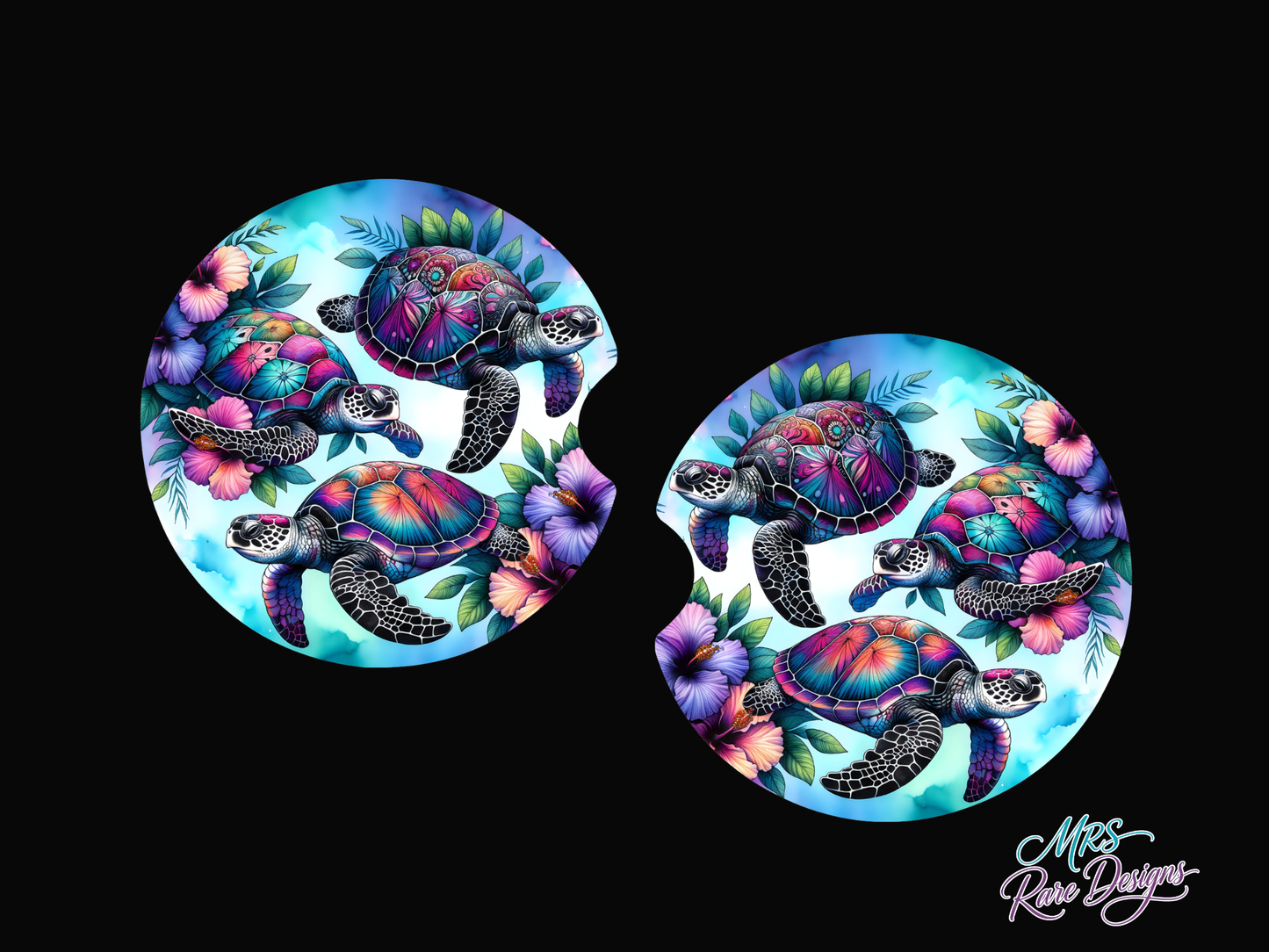 🌺 Tropical Sea Turtle Car Coaster Set – Vibrant Ocean Floral Design (2-Pack)