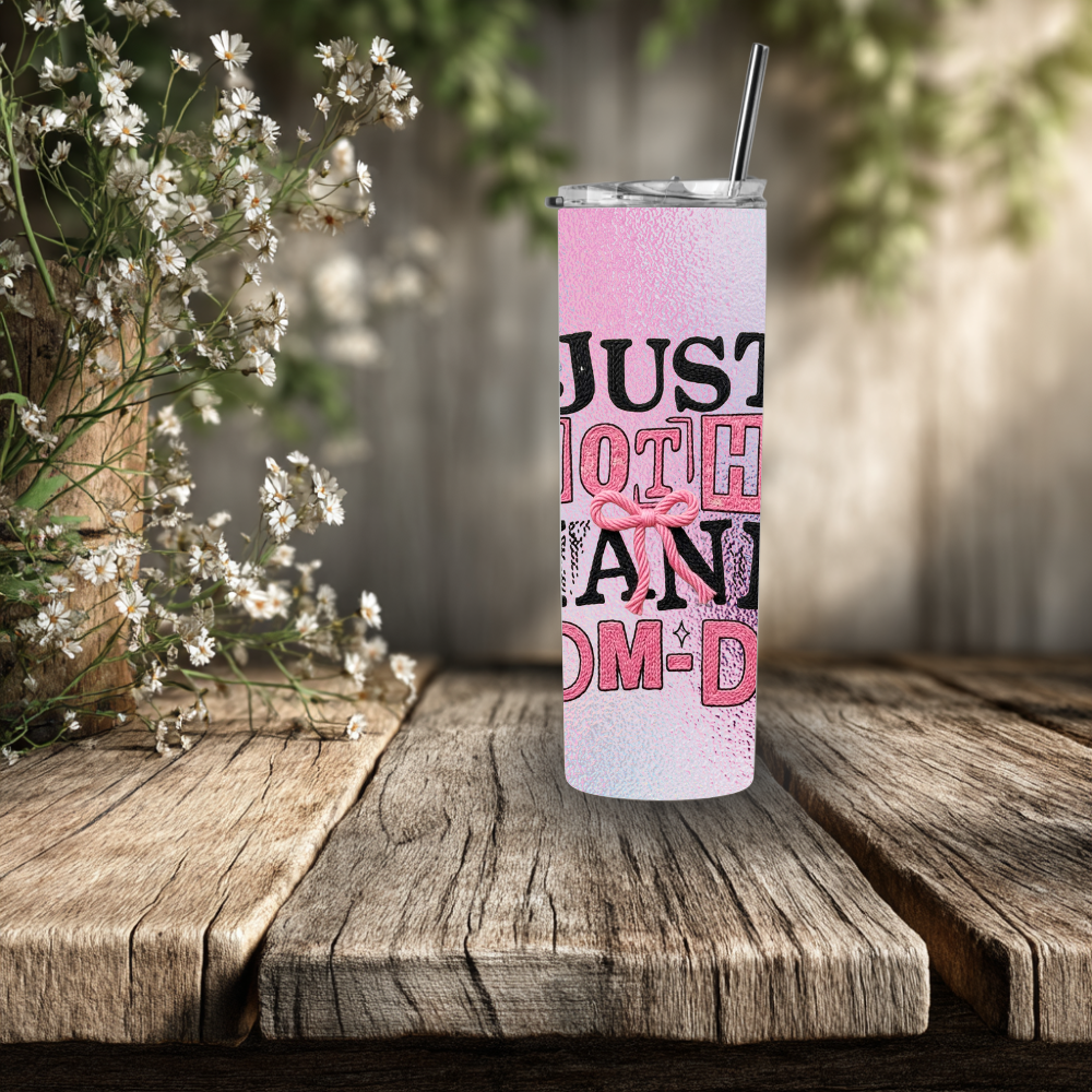 Just Another Manic Mom-Day 20oz Stainless Steel Skinny Tumbler with Lid & Straw – Pink Bow Design