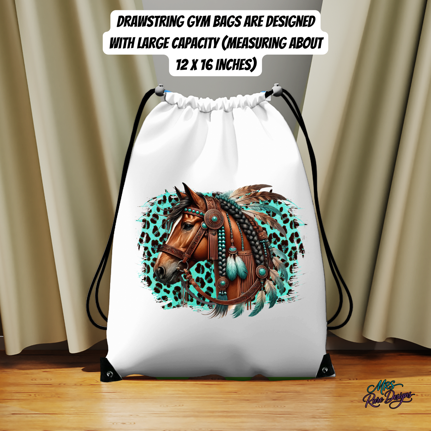 Turquoise Western Drawstring Gym Bags – Horse & Sunflower Skull Boho Cowgirl Collection (12x16 Large)
