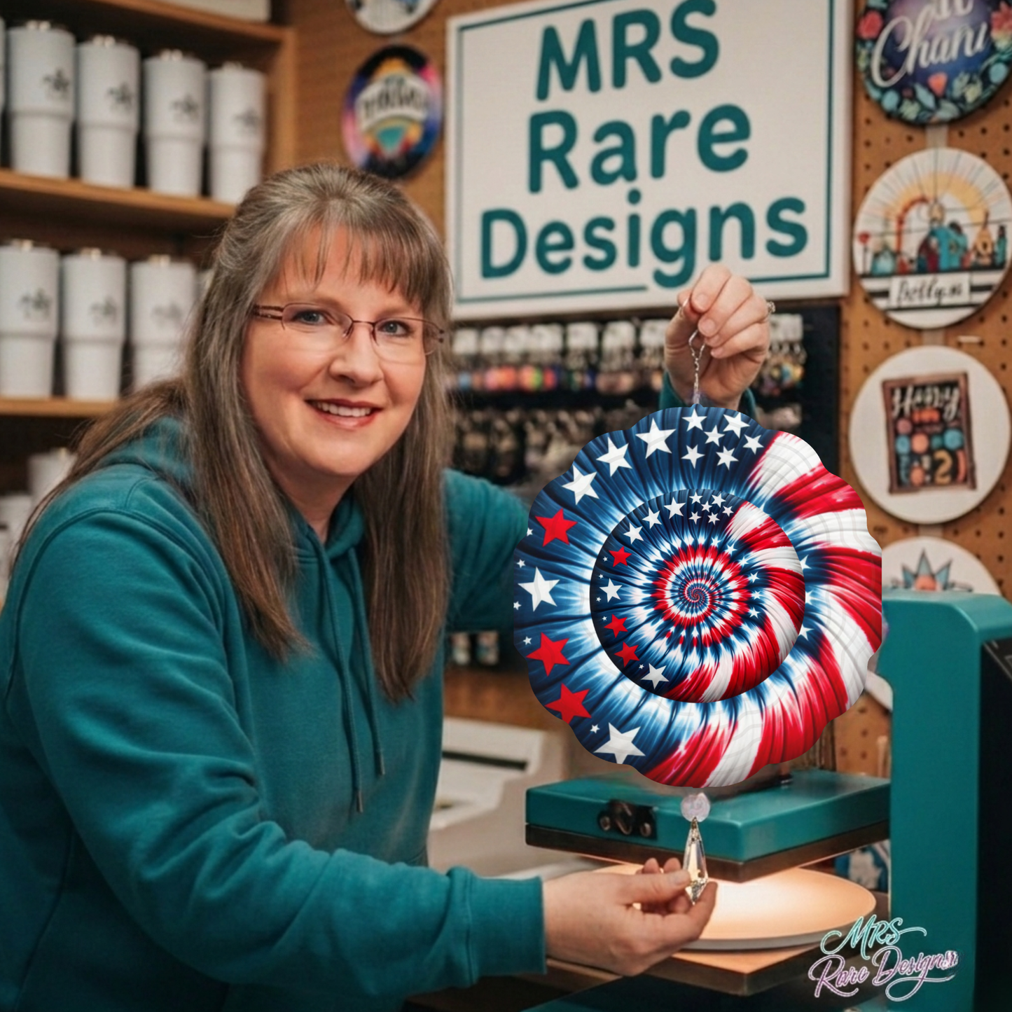 Stars & Swirls Patriotic 3D Wind Spinner 8" Red White & Blue Tie-Dye Garden Art