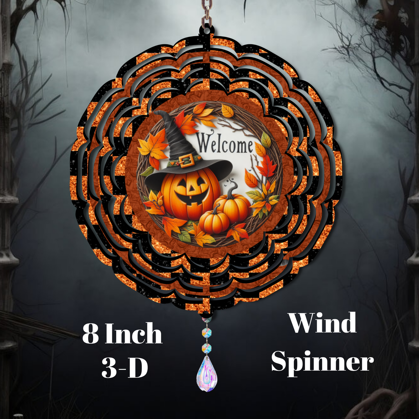 Halloween Pumpkin Welcome Wind Spinner – 8 Inch 3D Outdoor Hanging Decor