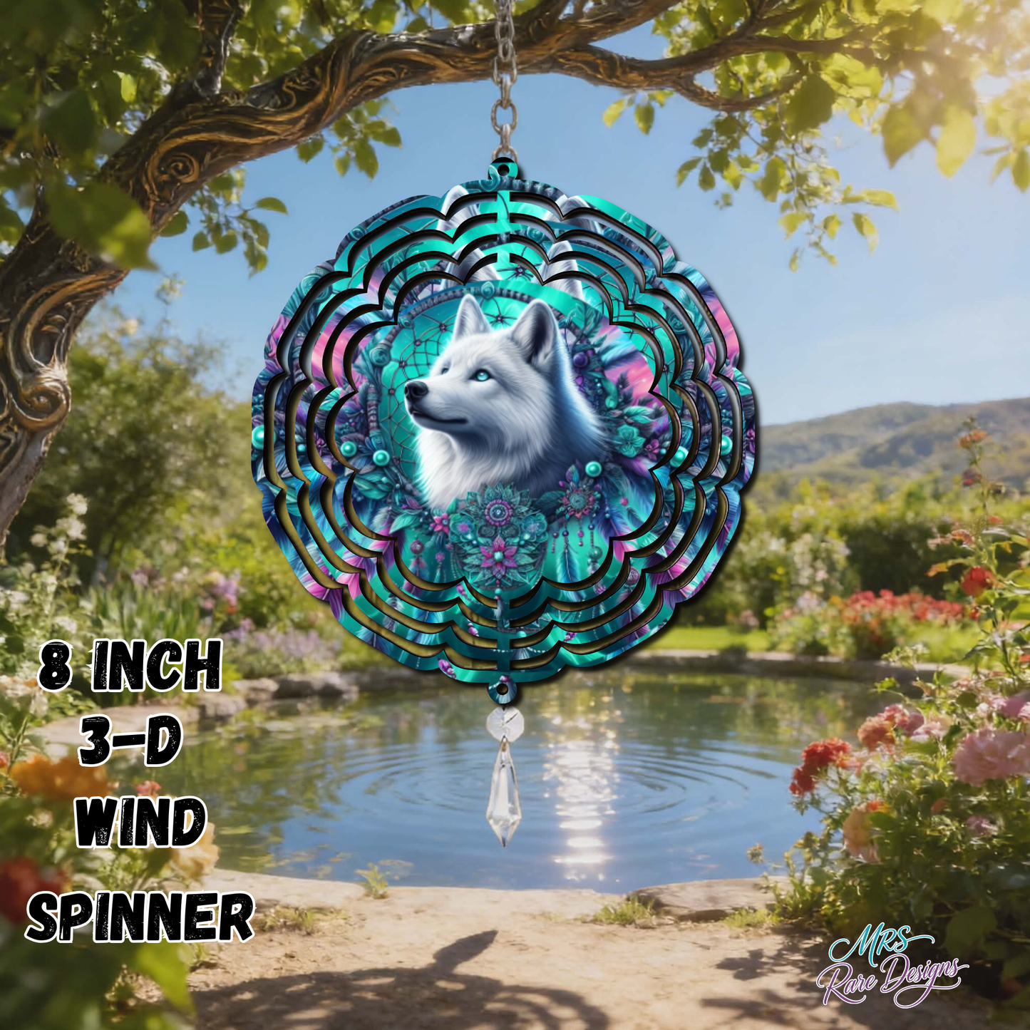 Mystic Arctic Wolf Dreamcatcher Wind Spinner – 8 Inch 3D Outdoor Garden Art