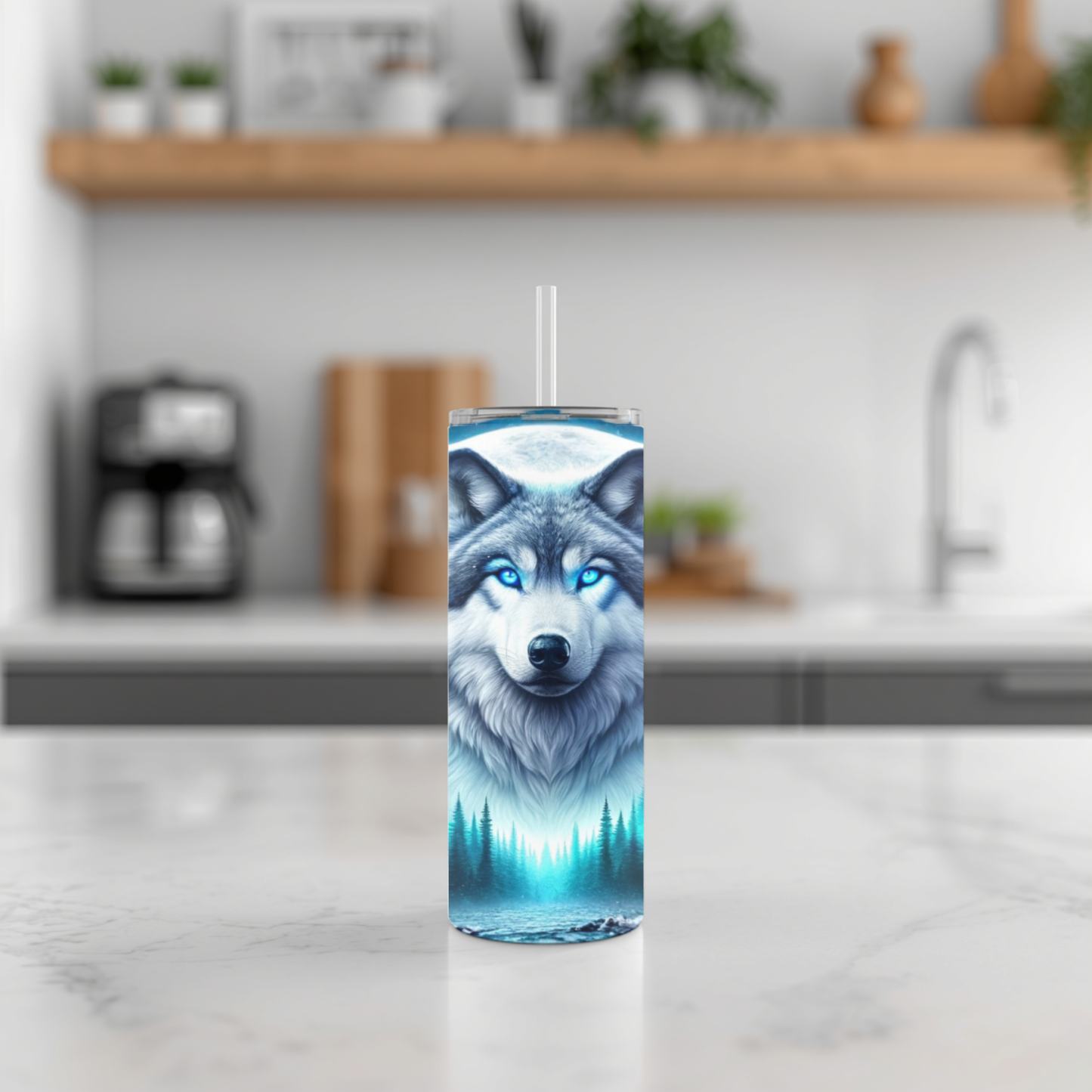Midnight Sentinel: 30 oz Blue-Eyed Wolf Tumbler with Reusable Straw