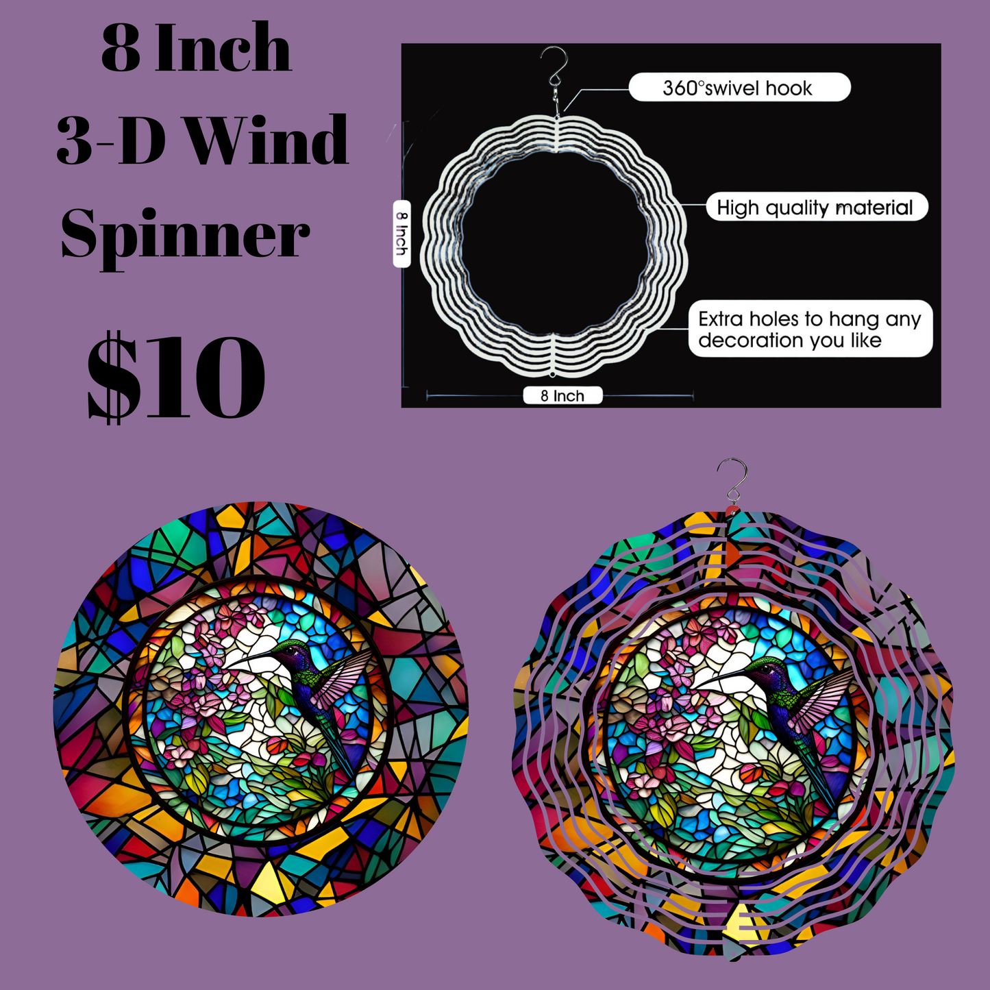 8 Inch 3-D Wind Spinner with Hummingbird Stained Glass Design
