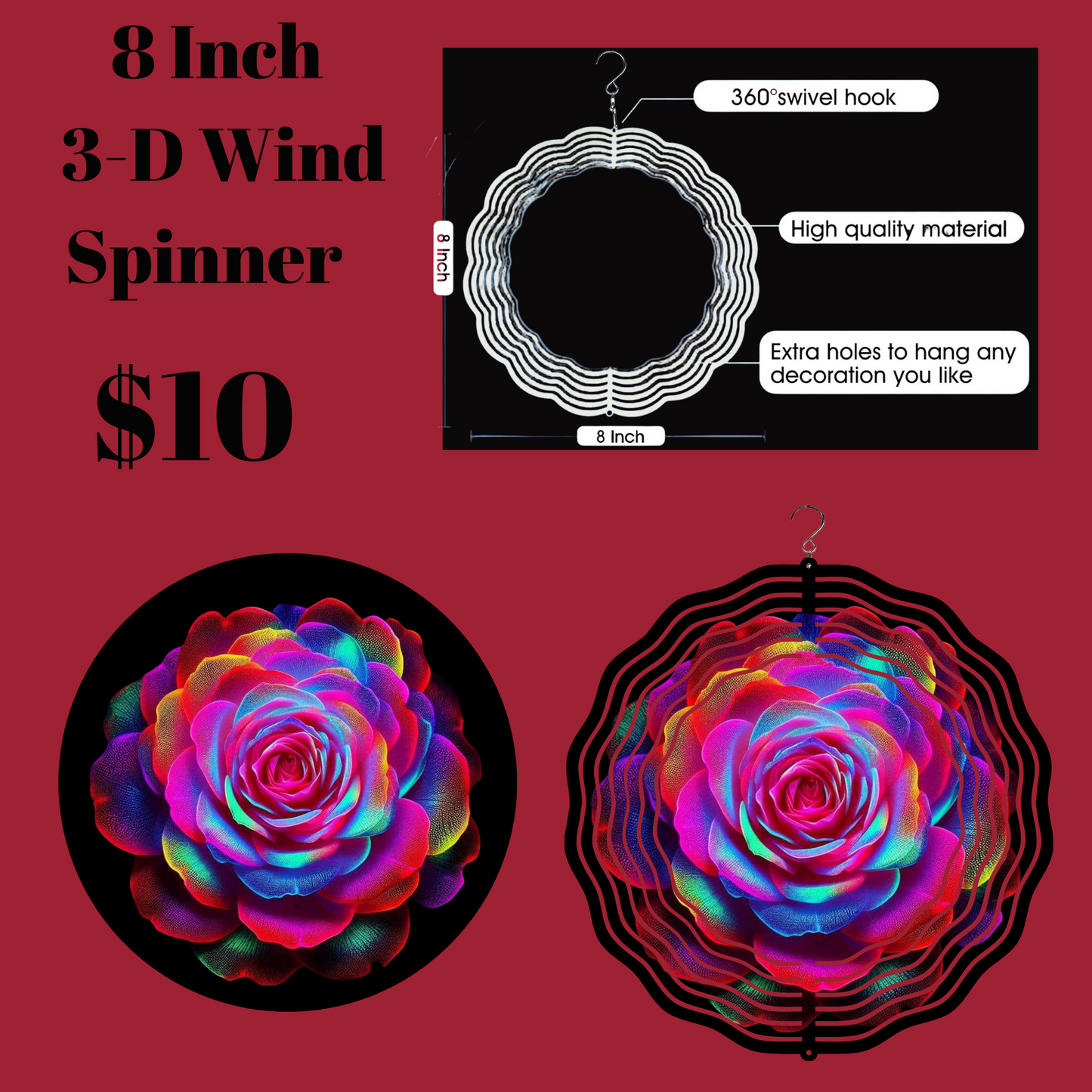 8 Inch 3-D Wind Spinner with Vibrant Floral Design