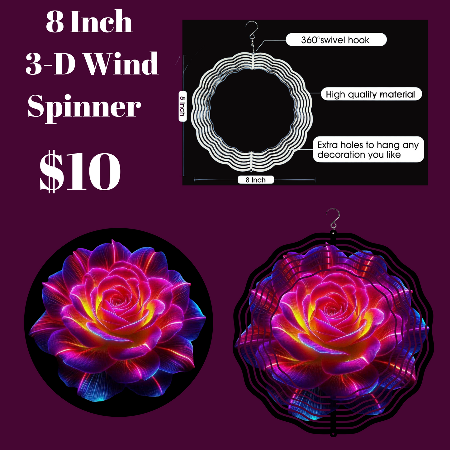 8 Inch 3-D Wind Spinner with Vibrant Floral Design
