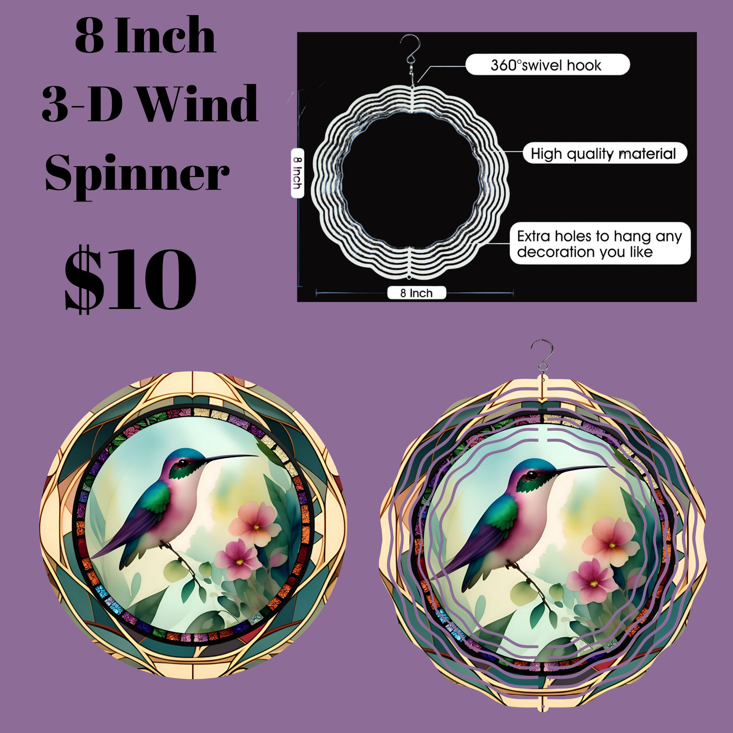 8 Inch 3-D Wind Spinner with Vibrant Hummingbird Design