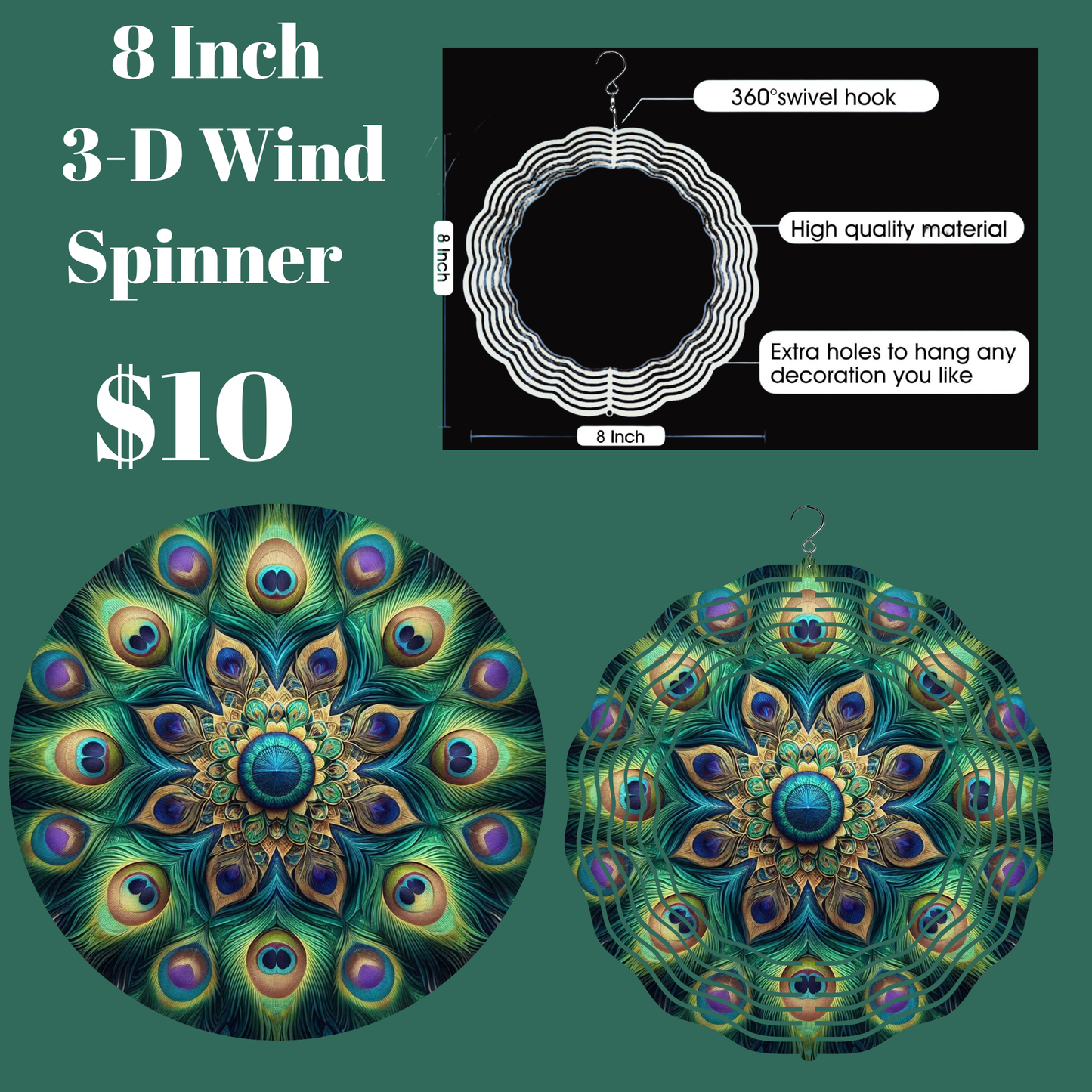 8-Inch 3-D Peacock Feather Wind Spinner