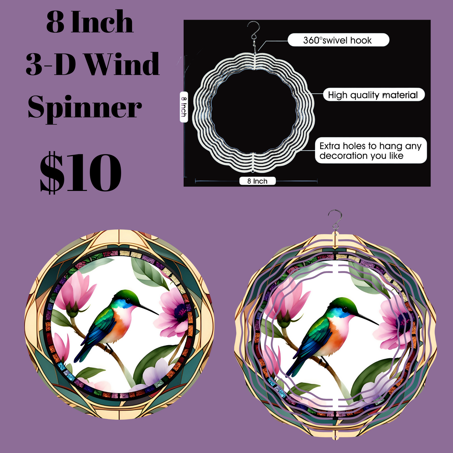 8 Inch 3-D Wind Spinner with Vibrant Hummingbird Design