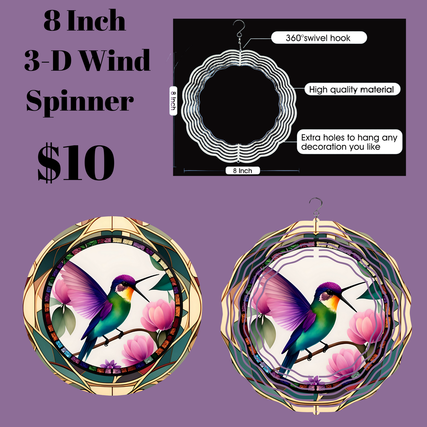 8 Inch 3-D Wind Spinner with Vibrant Hummingbird Design