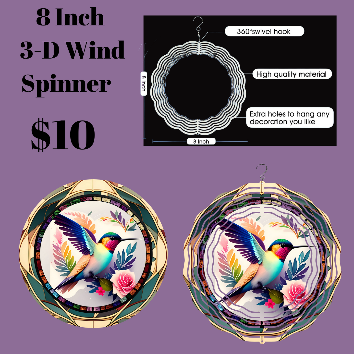 8 Inch 3-D Wind Spinner with Vibrant Hummingbird Design