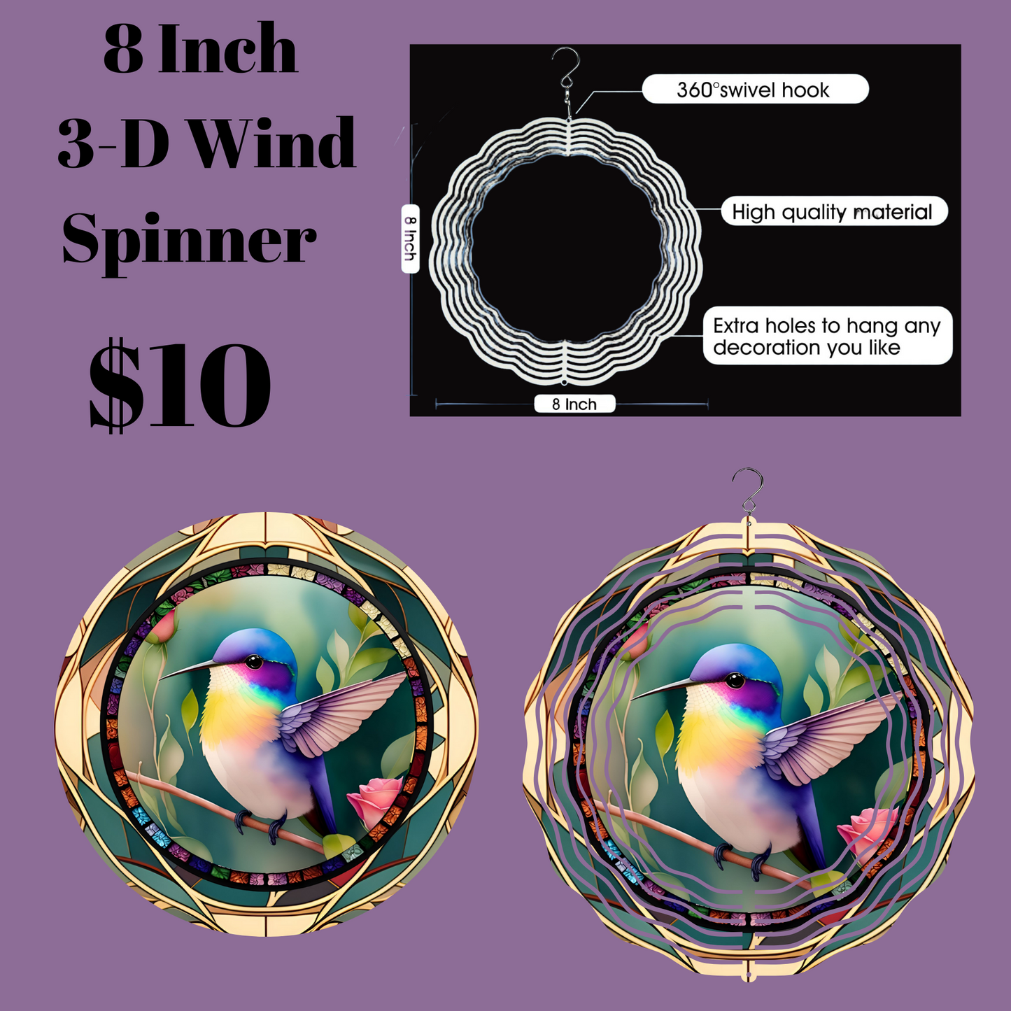 8 Inch 3-D Wind Spinner with Vibrant Hummingbird Design