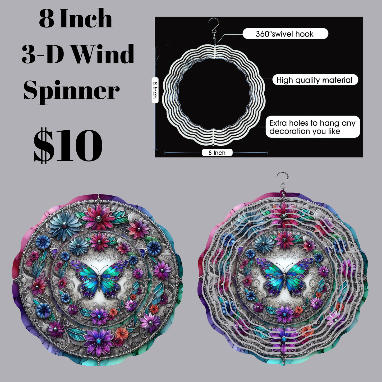 8-Inch 3-D Butterfly Garden Wind Spinner