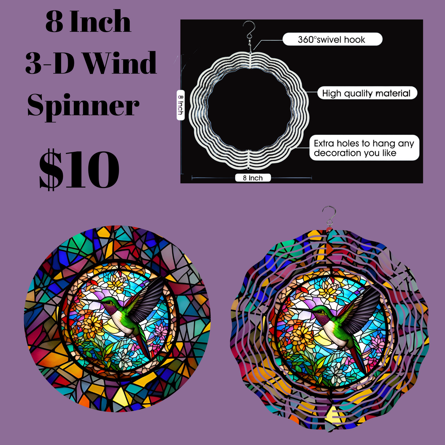 8 Inch 3-D Wind Spinner with Hummingbird Stained Glass Design