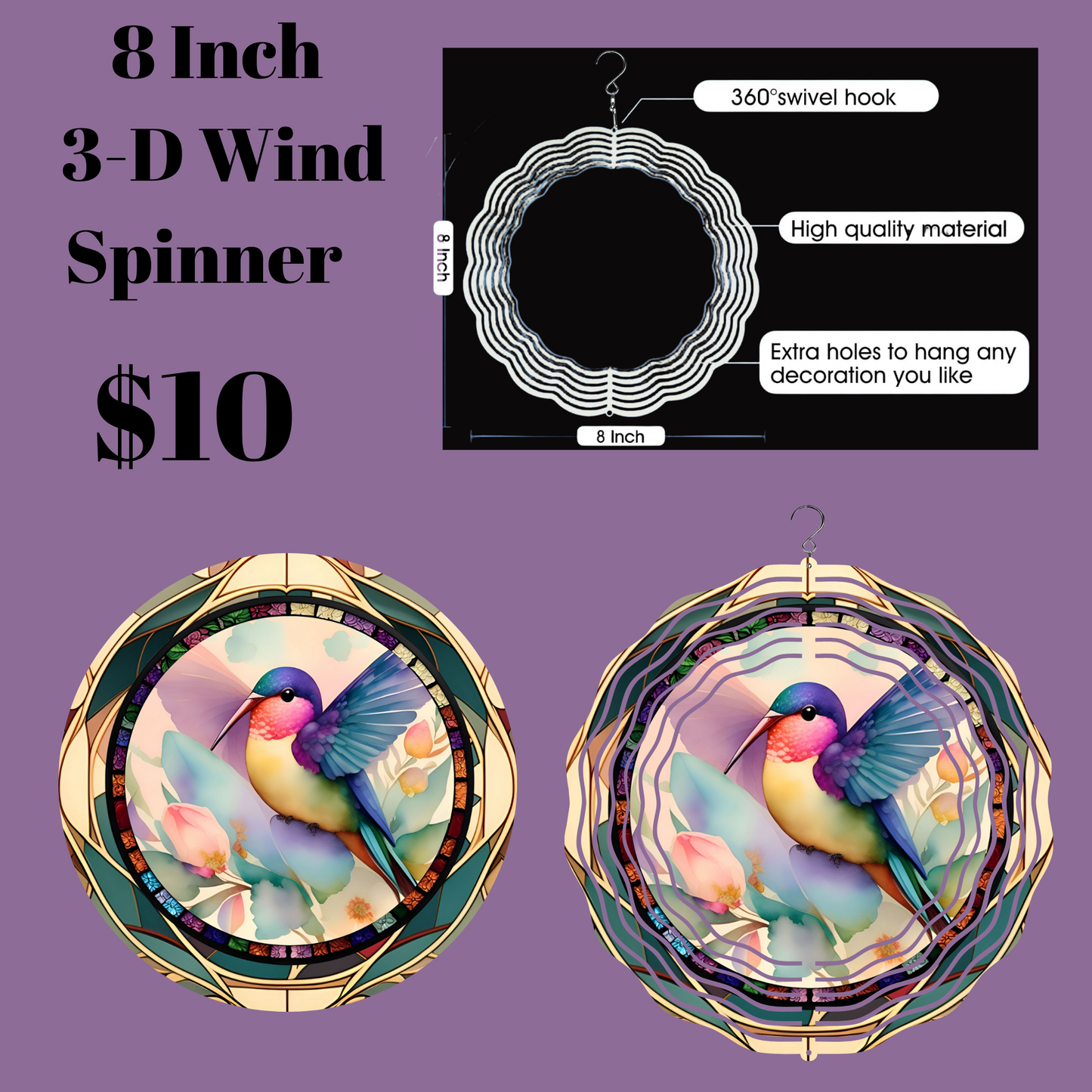 8 Inch 3-D Wind Spinner with Vibrant Hummingbird Design