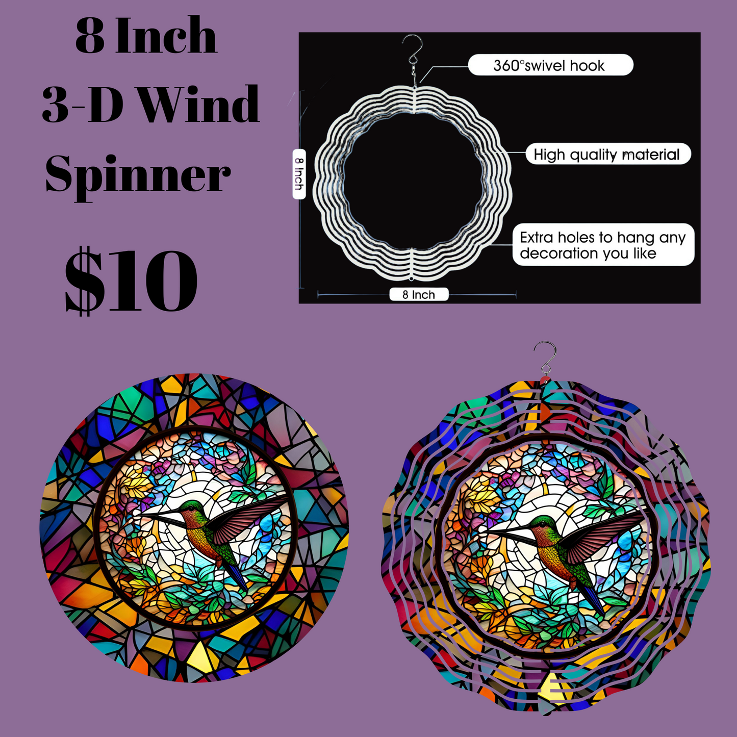 8 Inch 3-D Wind Spinner with Hummingbird Stained Glass Design