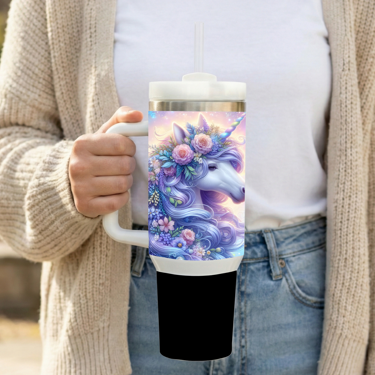 Enchanted Dream Unicorn 40‑Ounce Stainless Steel Tumbler With Handle – Floral Pastel Fantasy Cup