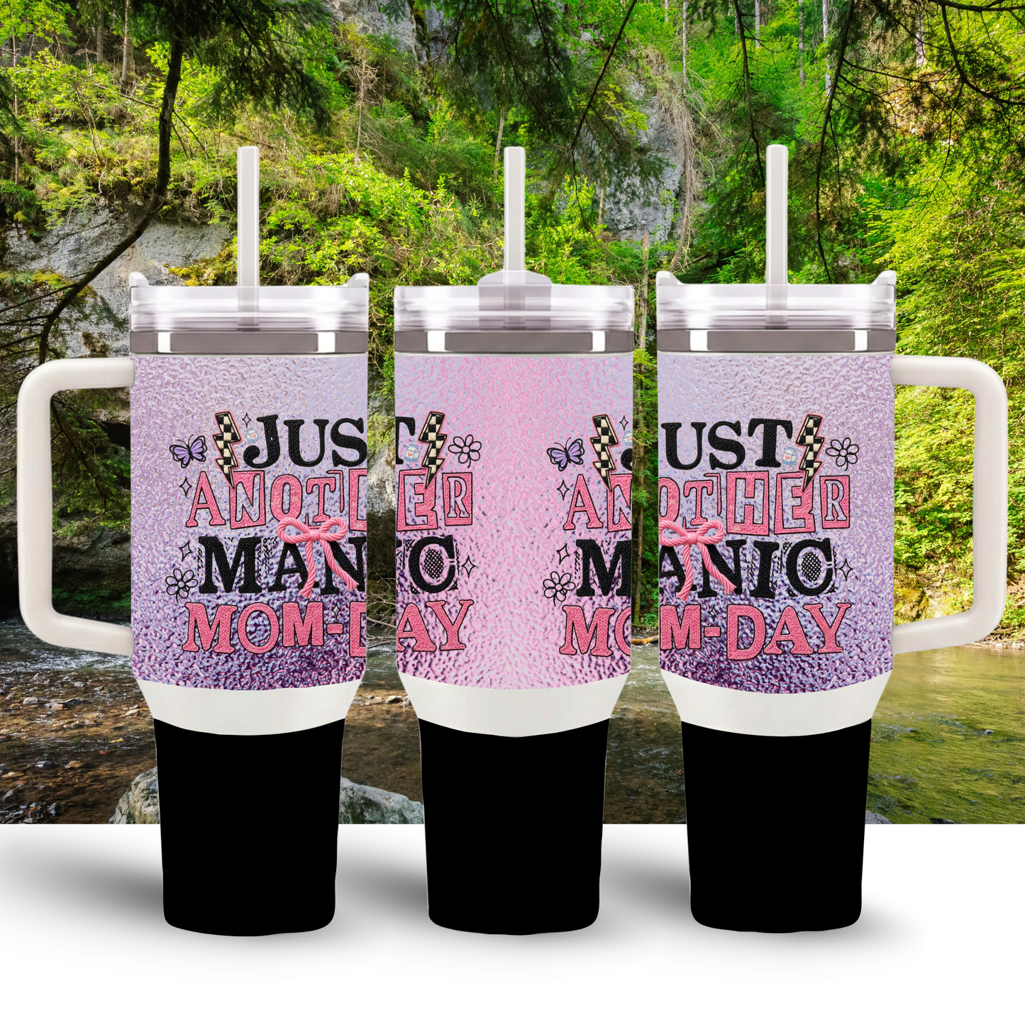 Just Another Manic Mom-Day 30oz Stainless Steel Insulated Tumbler with Handle, Lid & Straw – Pink Bow Glitter Design