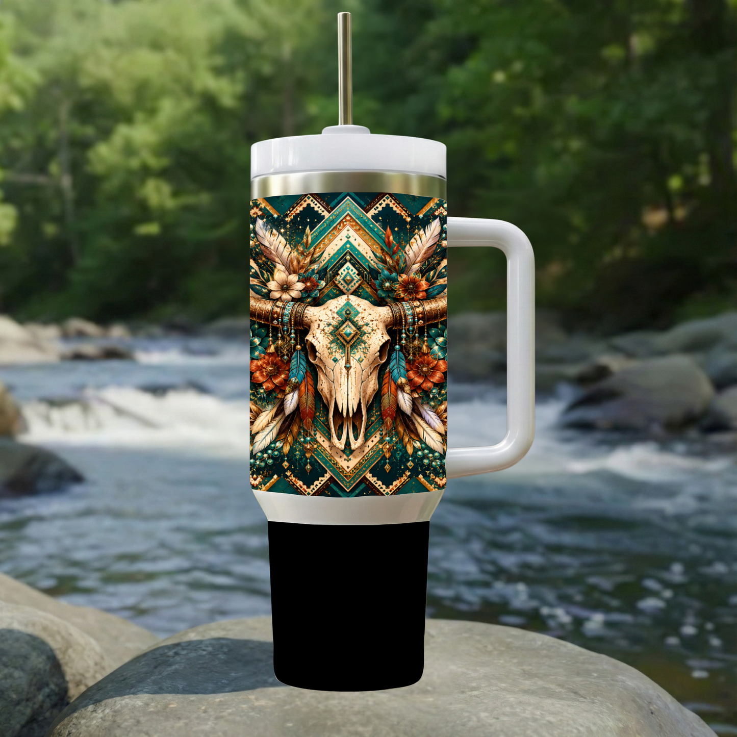 "Sacred Bloom" 30oz Boho Skull Handle Tumbler ✨