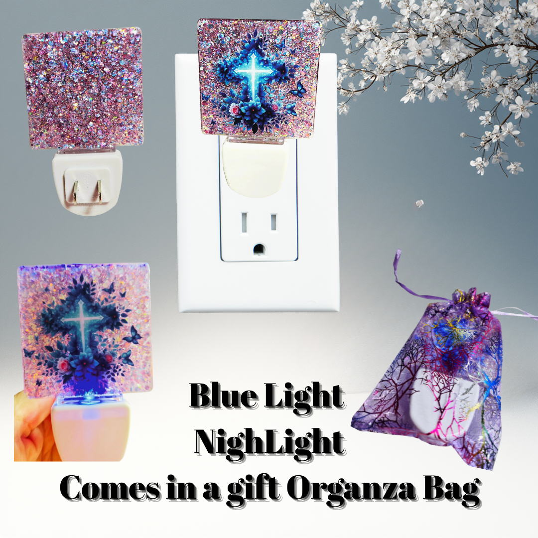 Butterfly Cross Blue-Glow Night Light + Gift Organza Bag