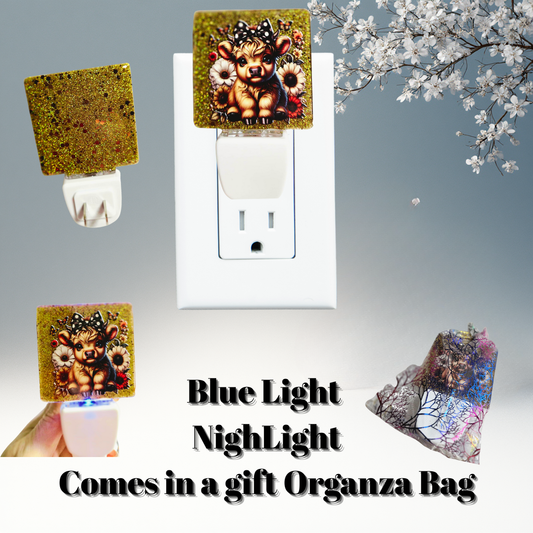 Gold Sparkle Highland Calf & Sunflowers Blue-Glow Night Light + Gift Organza Bag