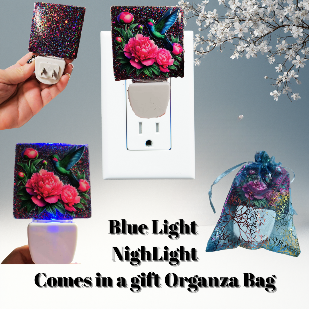 Hummingbird & Peony Blue-Glow Night Light + Gift Organza Bag