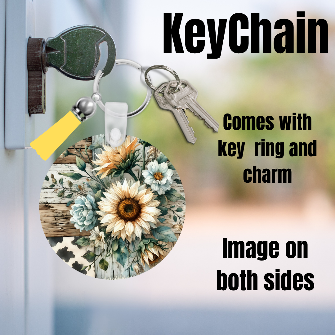 Rustic Sunflower Patchwork Double-Sided Keychain — Round with Key Ring + Charm