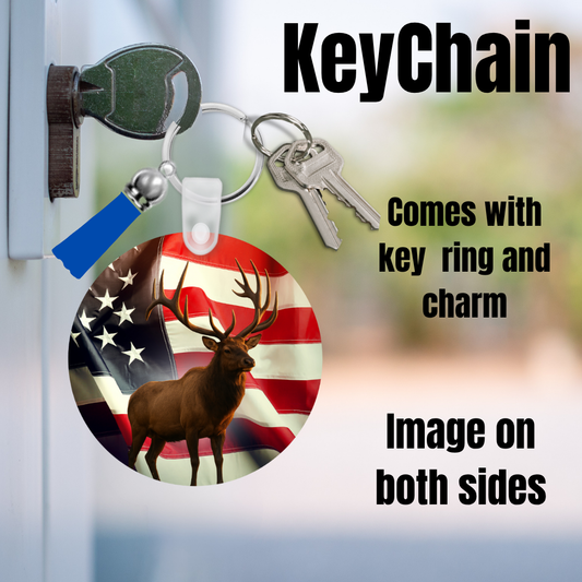 Patriotic Elk Double-Sided Keychain — Includes Key Ring & Charm