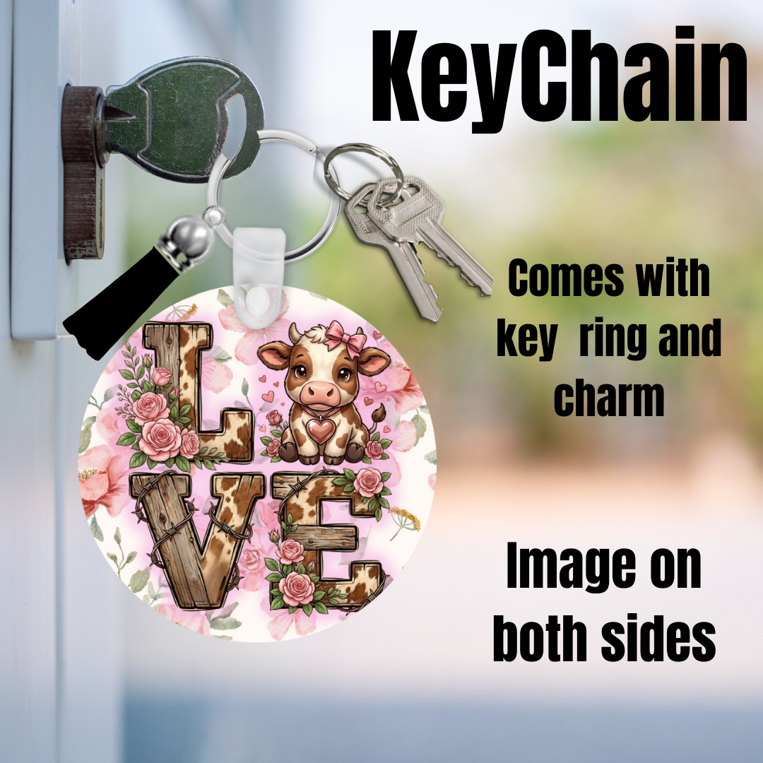 Rustic Cow Love Keychain – Farmhouse Floral Double-Sided Cow Charm with Tassel