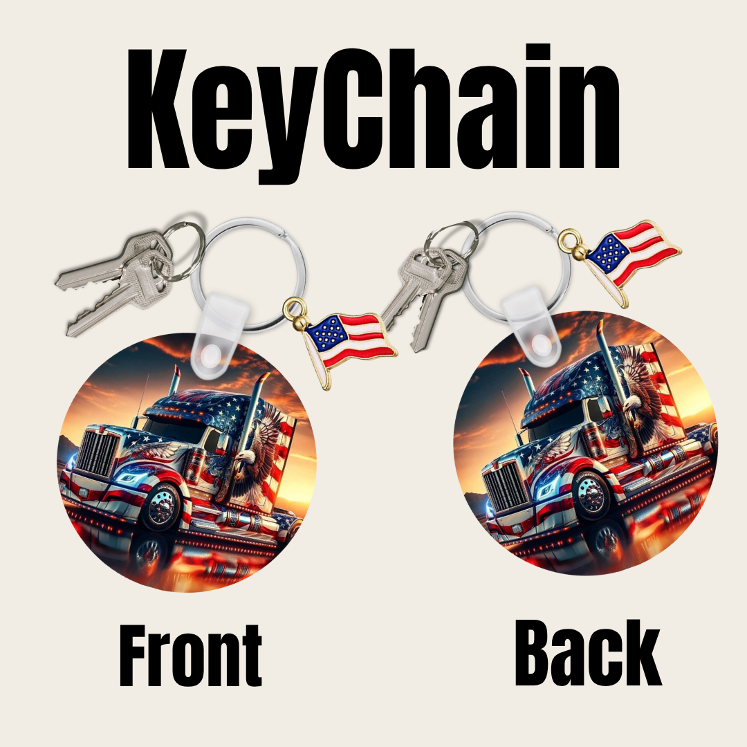 Patriotic Trucker Round Keychain | Double-Sided with American Flag Charm