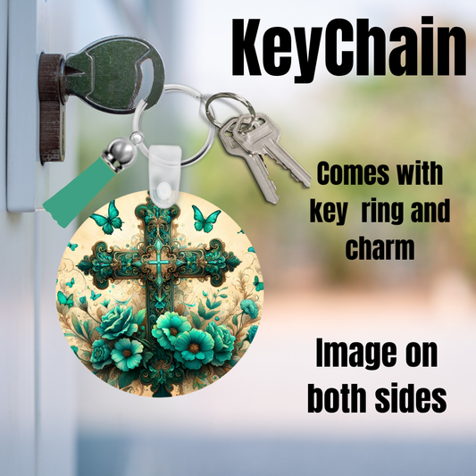 Turquoise Faith Floral Cross Keychain (Double-Sided)