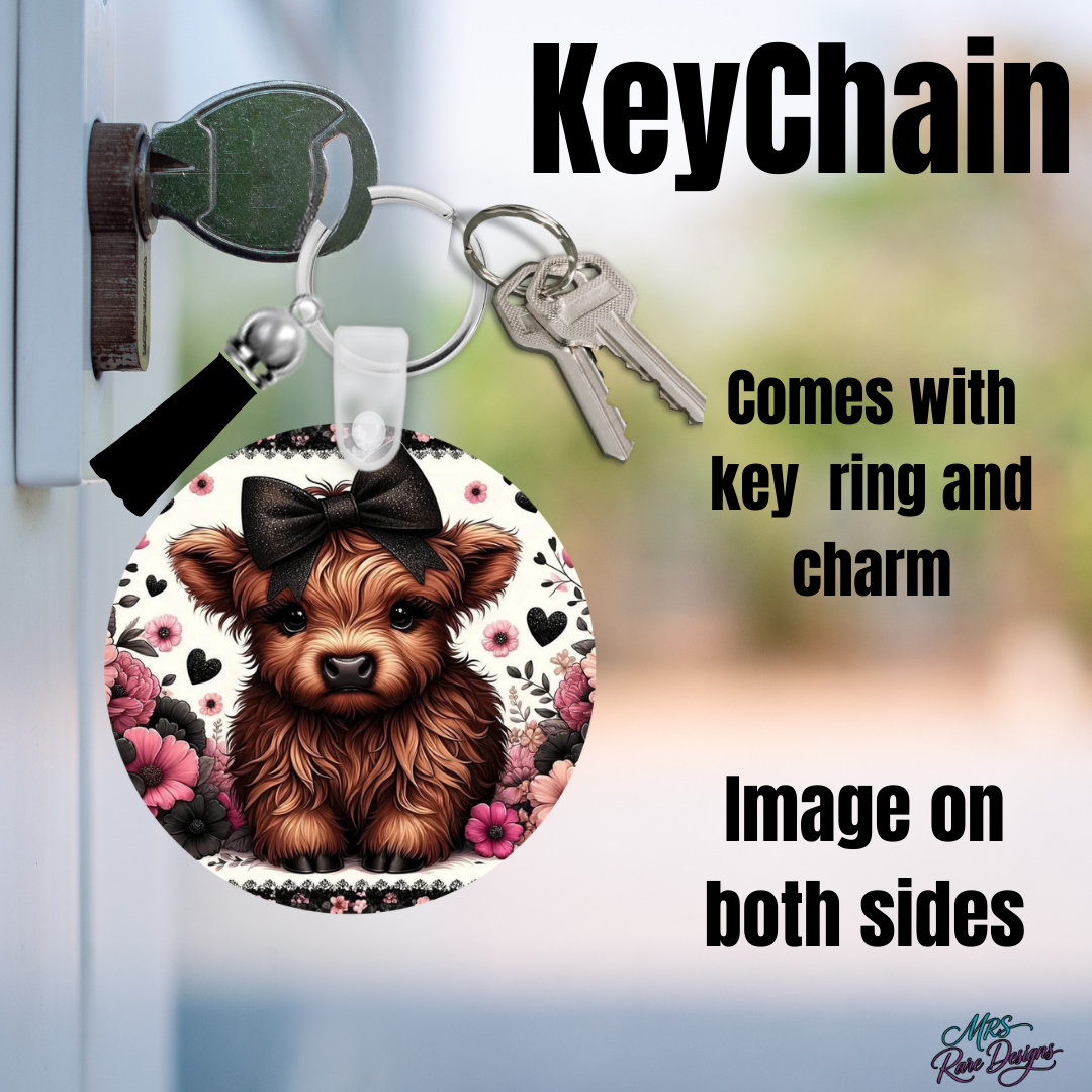 Highland Cow Keychain Collection – Double-Sided Highland Cow Charm with Floral Tassel
