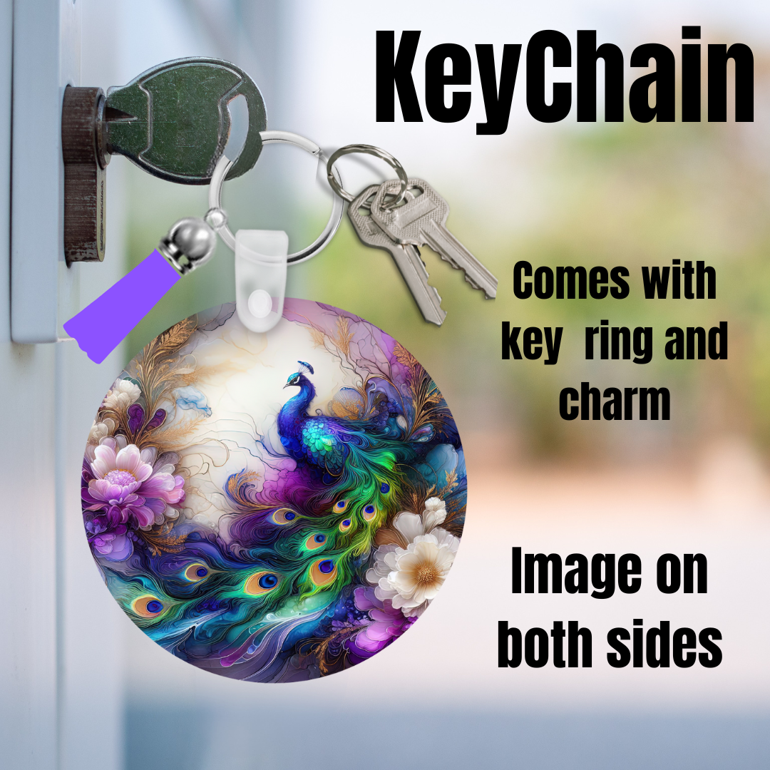 Radiant Peacock Bloom Double-Sided Keychain – Artistic Round Key Ring with Charm