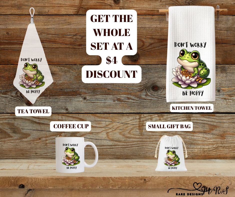 Be Hoppy Frog Kitchen Gift Set – Mug + Kitchen Towel + Clip Teatowel + 4x6 Gift Bag (Save $4)