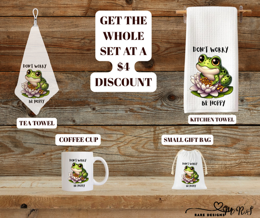 Be Hoppy Frog Kitchen Gift Set – Mug + Kitchen Towel + Clip Teatowel + 4x6 Gift Bag (Save $4)