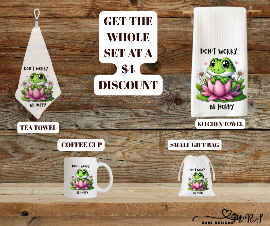 Be Hoppy Frog Kitchen Gift Set – Mug + Kitchen Towel + Clip Teatowel + 4x6 Gift Bag (Save $4)