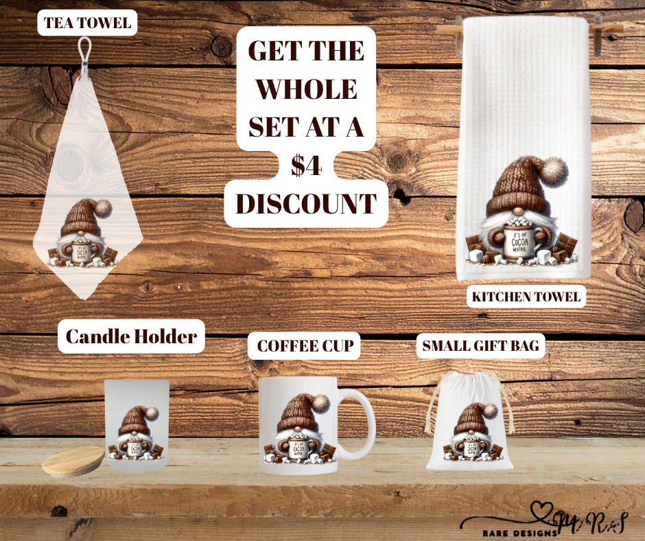 Cozy Cocoa Gnome Complete Gift Set – Mug, Towels, Candle Holder & Gift Bag (Save $4!)